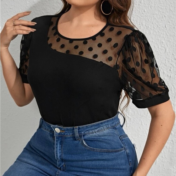 Luxe plus size polka dots mesh sleeve top